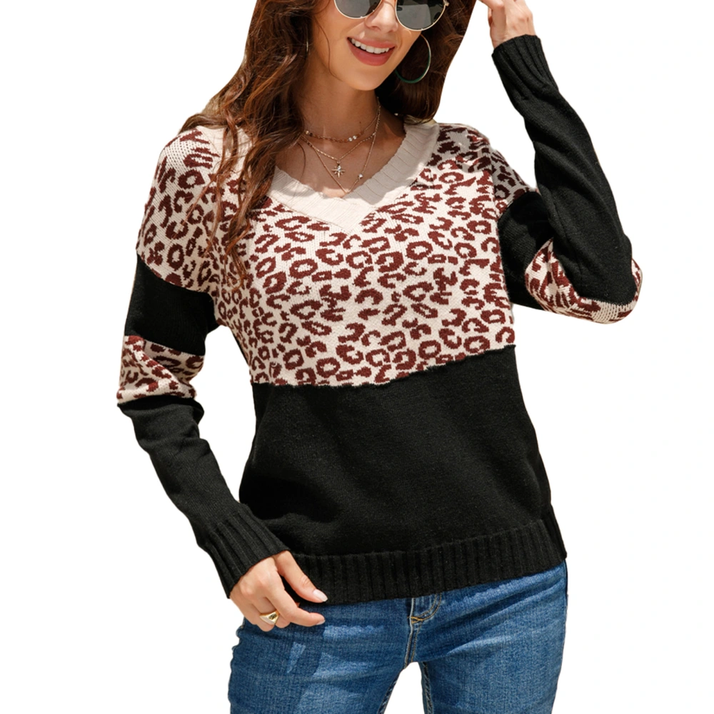 Knitted Sweater V Neck Leopard Print Long Sleeve Fashionable Casual Sweater Tops for Women Black XL