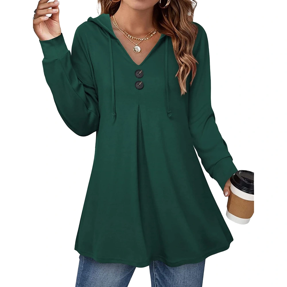 A Line Hooded Hoodie V Neck Long Sleeve Button Drawstring Pullover Casual Tops for Women Green L