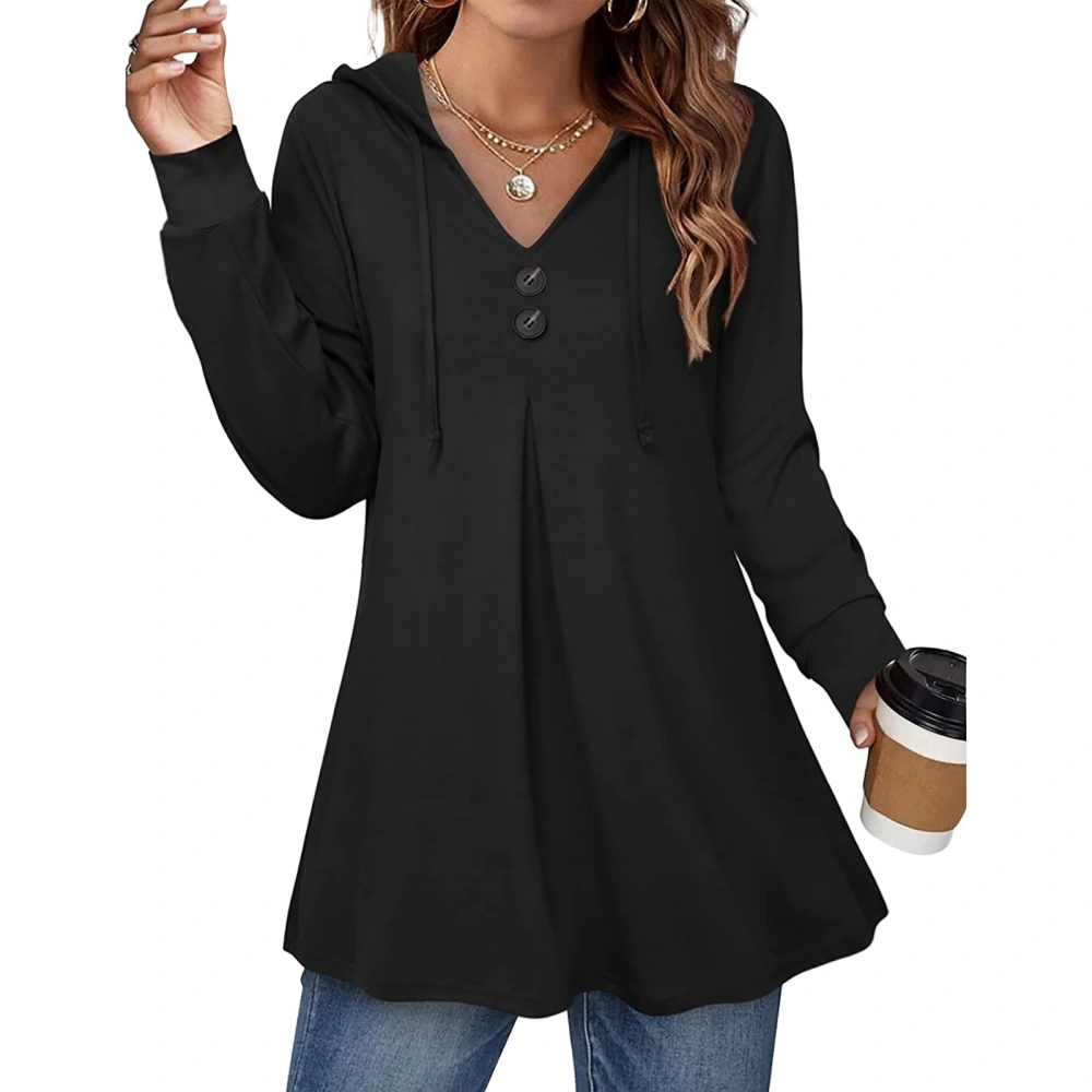 A Line Hooded Hoodie V Neck Long Sleeve Button Drawstring Pullover Casual Tops for Women Black XXL