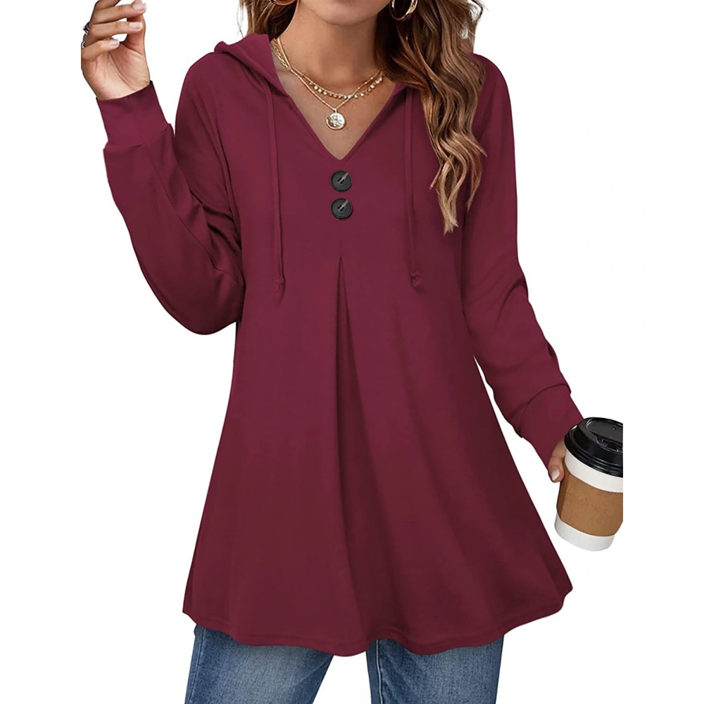 A Line Hooded Hoodie V Neck Long Sleeve Button Drawstring Pullover Casual Tops for Women Wine Red XXL