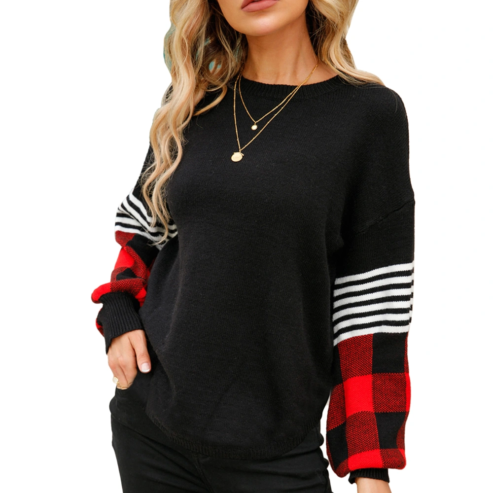 Sweater Drop Shoulder Long Sleeve Round Neck Plaid Stripe Printing Tops for Women Black L