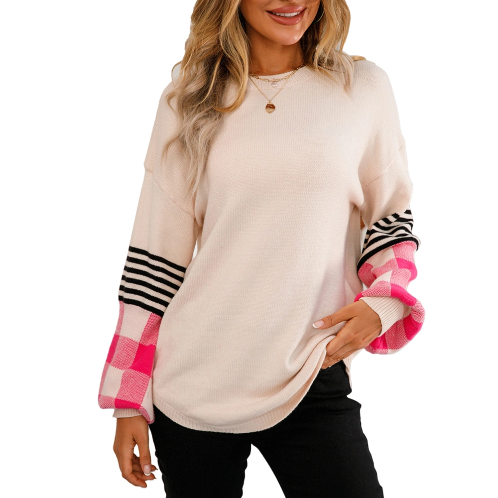 Sweater Drop Shoulder Long Sleeve Round Neck Plaid Stripe Printing Tops for Women Apricot S