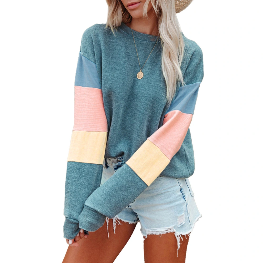 Pullover Sweatshirt Round Neck Long Sleeve Color Blocking Casual Fashionable Tops for Women Blue L