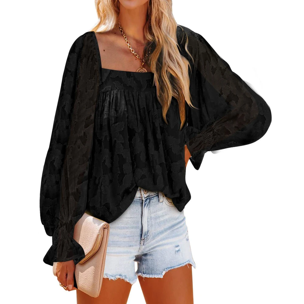 Blouse Ruffle Cuffs Long Sleeve Square Neck Printing Fashionable Casual Tops for Women Black XXL