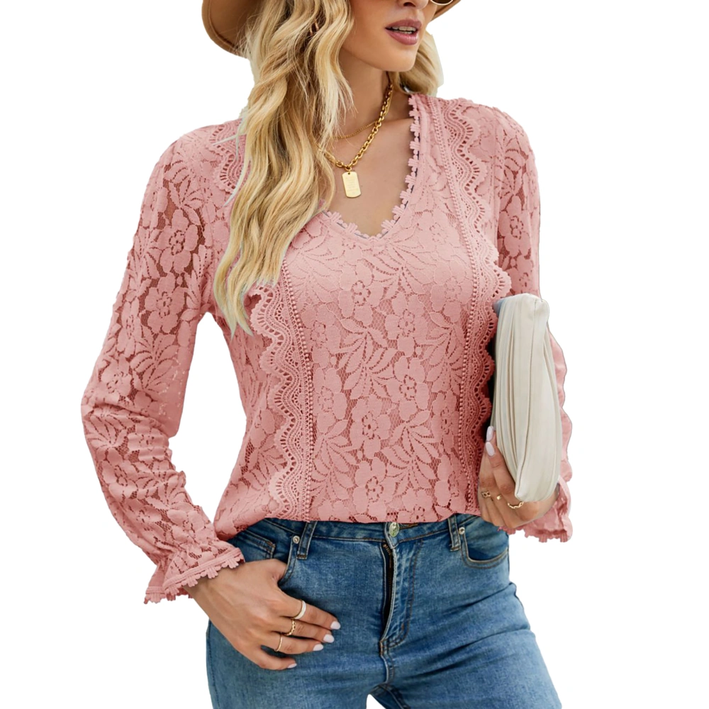 Women Lace Blouse Polyester Fiber V Neck Pure Color Long Sleeve Autumn Winter Hollow Lace Stitching Women Tops Shirts Pink XL