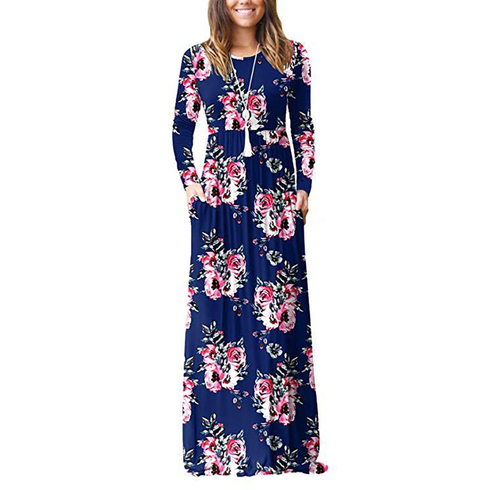 Long Dress Floral Pattern Long Sleeve Round Neck Gathered Waist Women Dress with Side Pockets Rose Blue L