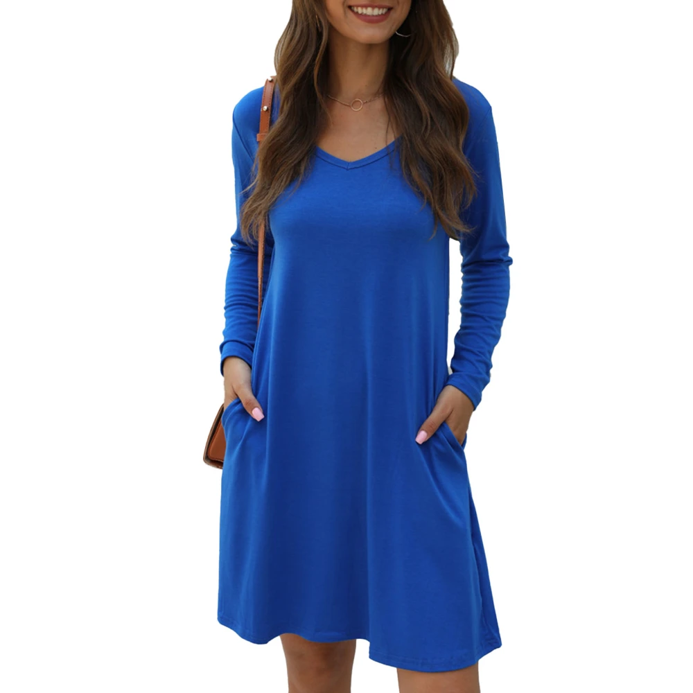 Women V Neck Dress Casual Pure Color Dress Stylish Side Pockets Long Sleeves Dress Blue M