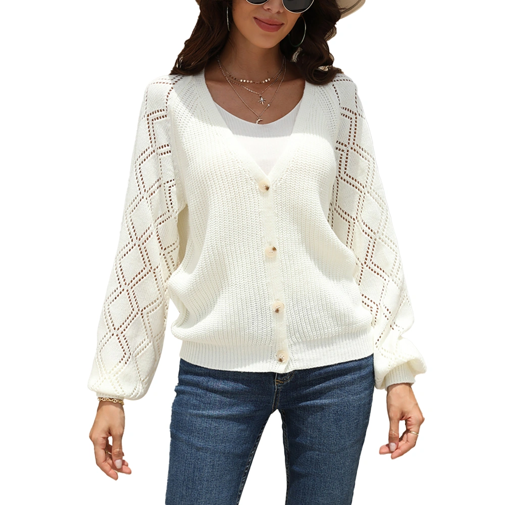 Women Knitted Sweater V Neck Hollow Out Fashionable Fashionable Long Sleeve Button Knit Coat White XL