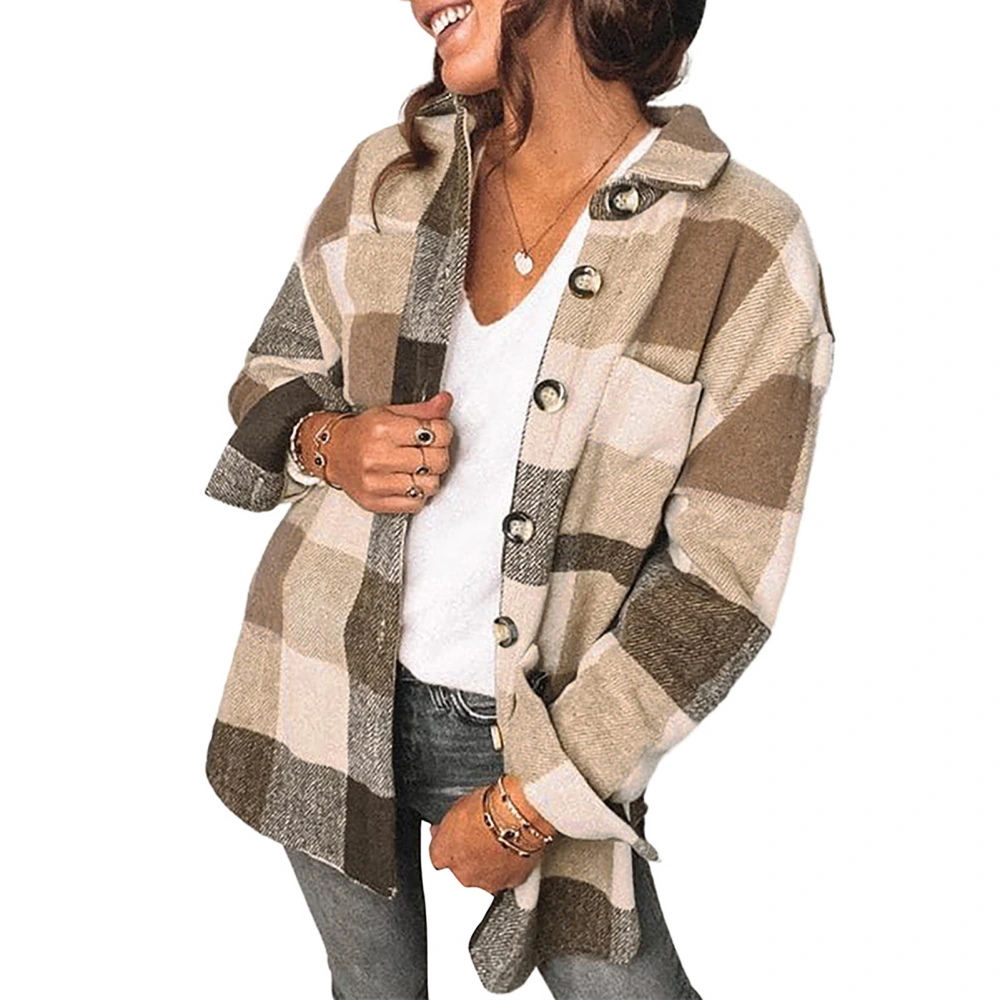 Plaid Shirts Loose Comfortable Long Sleeved Single Breasted Polyester Fiber Women Button Top for Daily Work Khaki XXL