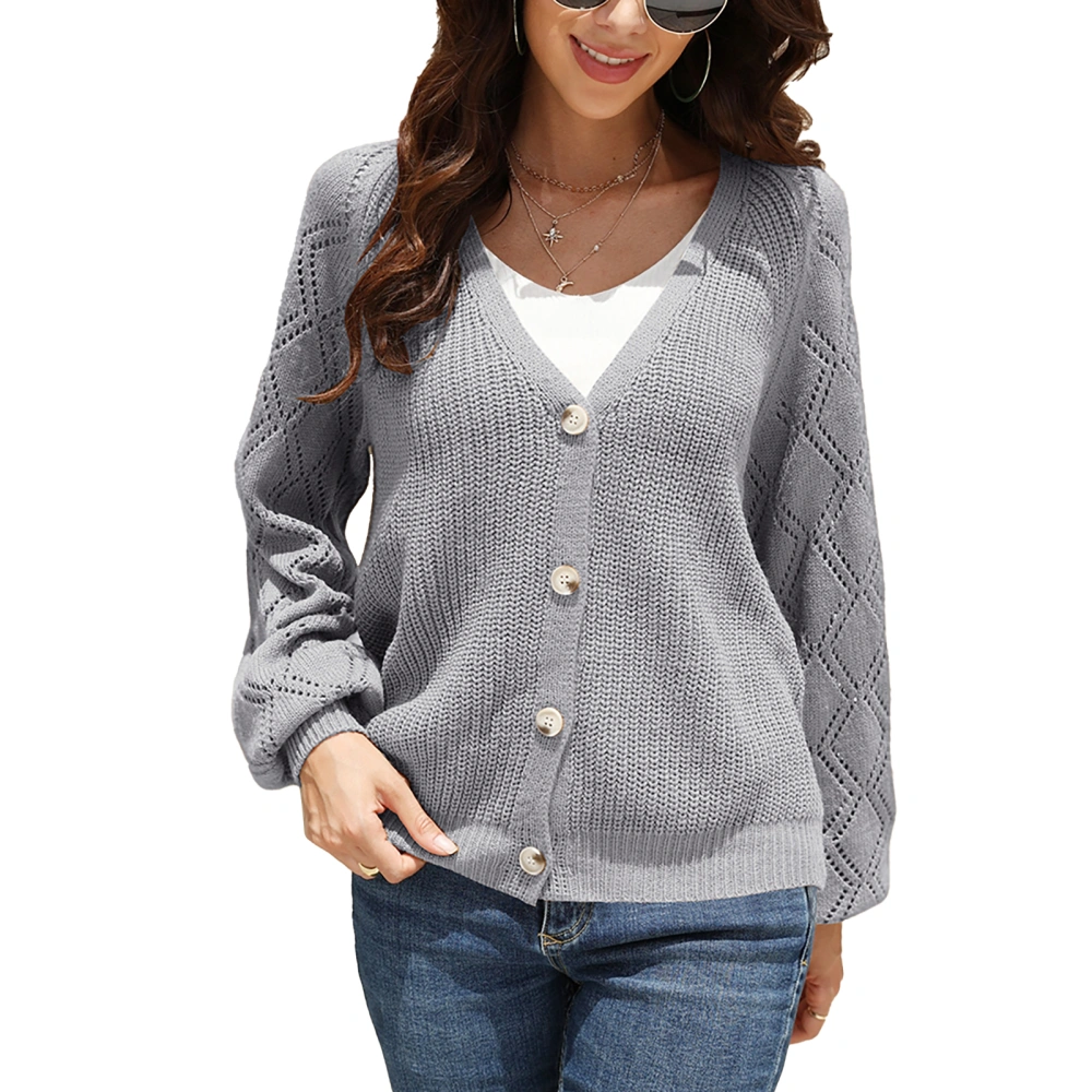 Women Knitted Sweater V Neck Hollow Out Fashionable Fashionable Long Sleeve Button Knit Coat Grey M