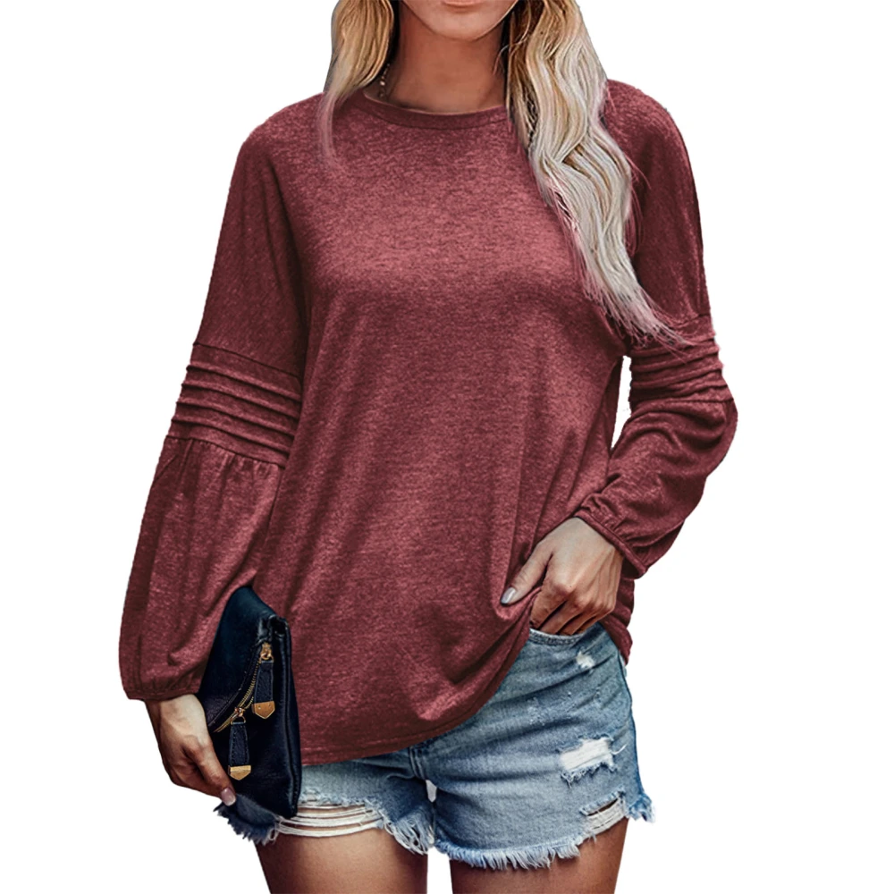 Woman Top Pure Color Round Neck Polyester Long Sleeve Pleated Knit Autumn T Shirt for Daily Work Wine Red M