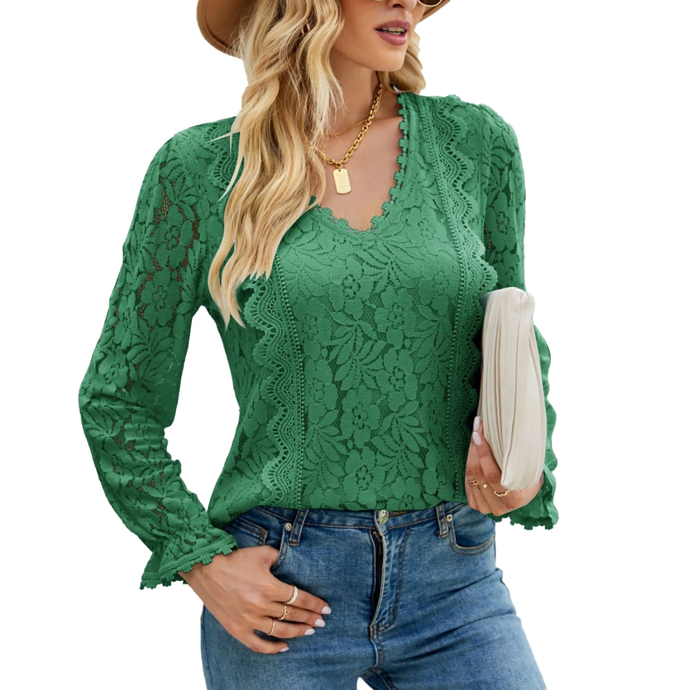 Women Lace Blouse Polyester Fiber V Neck Pure Color Long Sleeve Autumn Winter Hollow Lace Stitching Women Tops Shirts Green XL