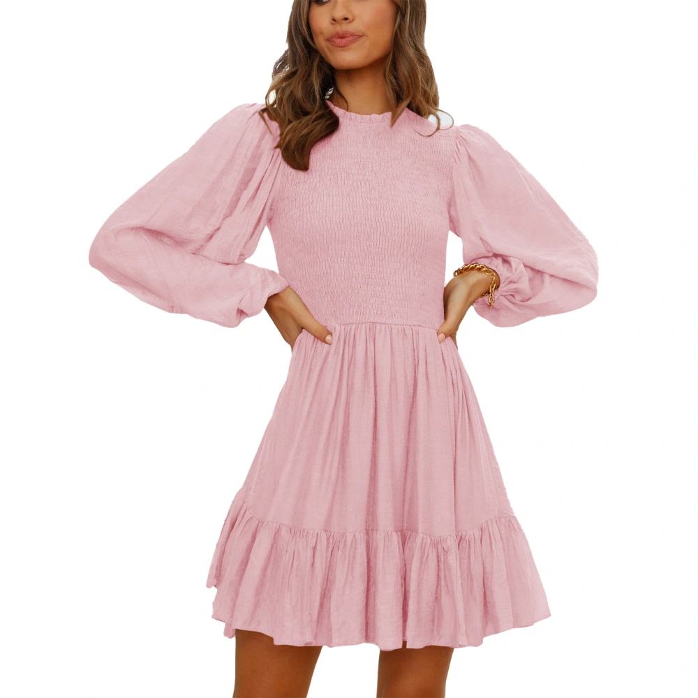 Women Long Sleeve Dress Fashionable Casual Pure Color High Necked Womens Autumn Ruffle Hem Dress for Autumn Dark Pink L