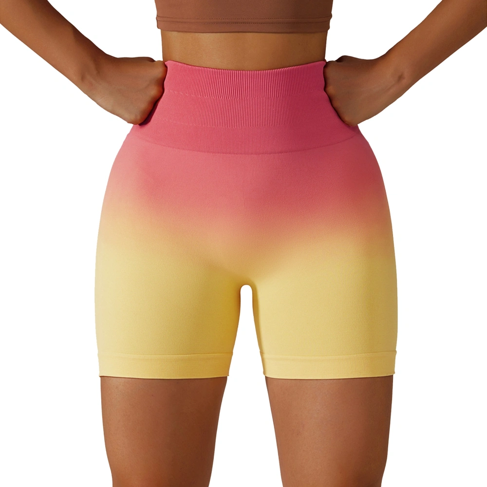 Gradient Print Seamless Yoga Shorts Women Elastic Breathable High Waisted Workout Shorts for Running Pink Orange L