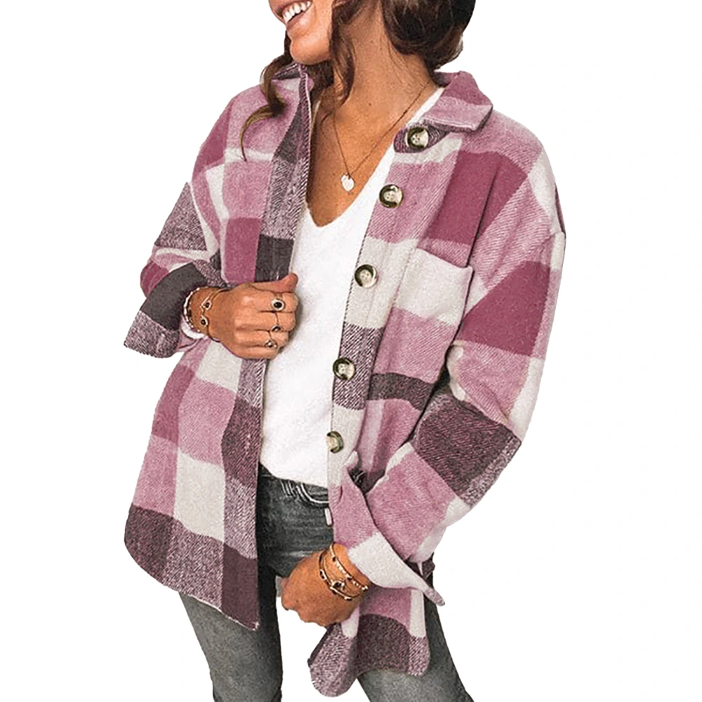 Plaid Shirts Loose Comfortable Long Sleeved Single Breasted Polyester Fiber Women Button Top for Daily Work Pink M