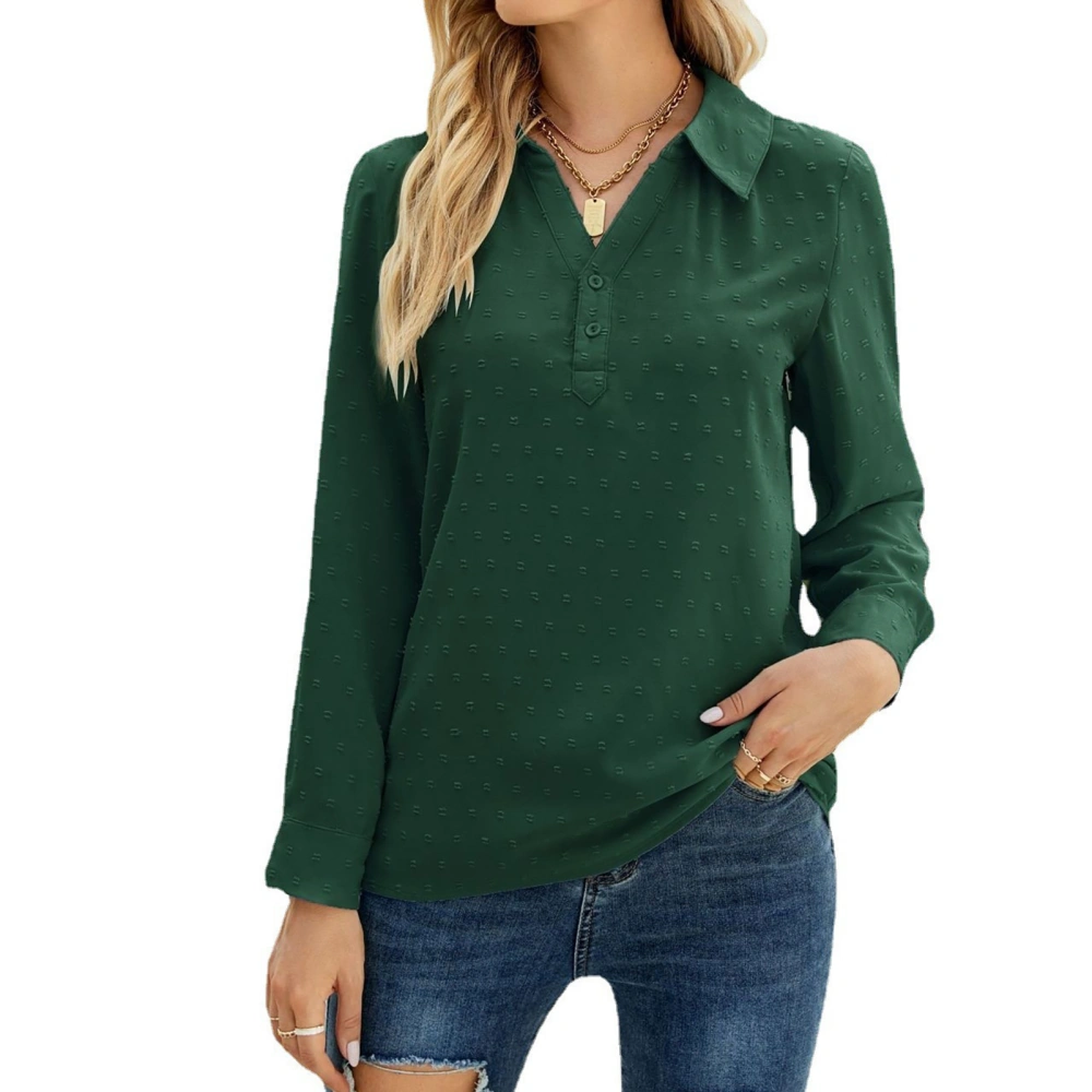 Women Long Sleeve Blouse Stand Collar Swiss Dot Pullover Shirts Ladies Casual Loose Top Dark Green XL