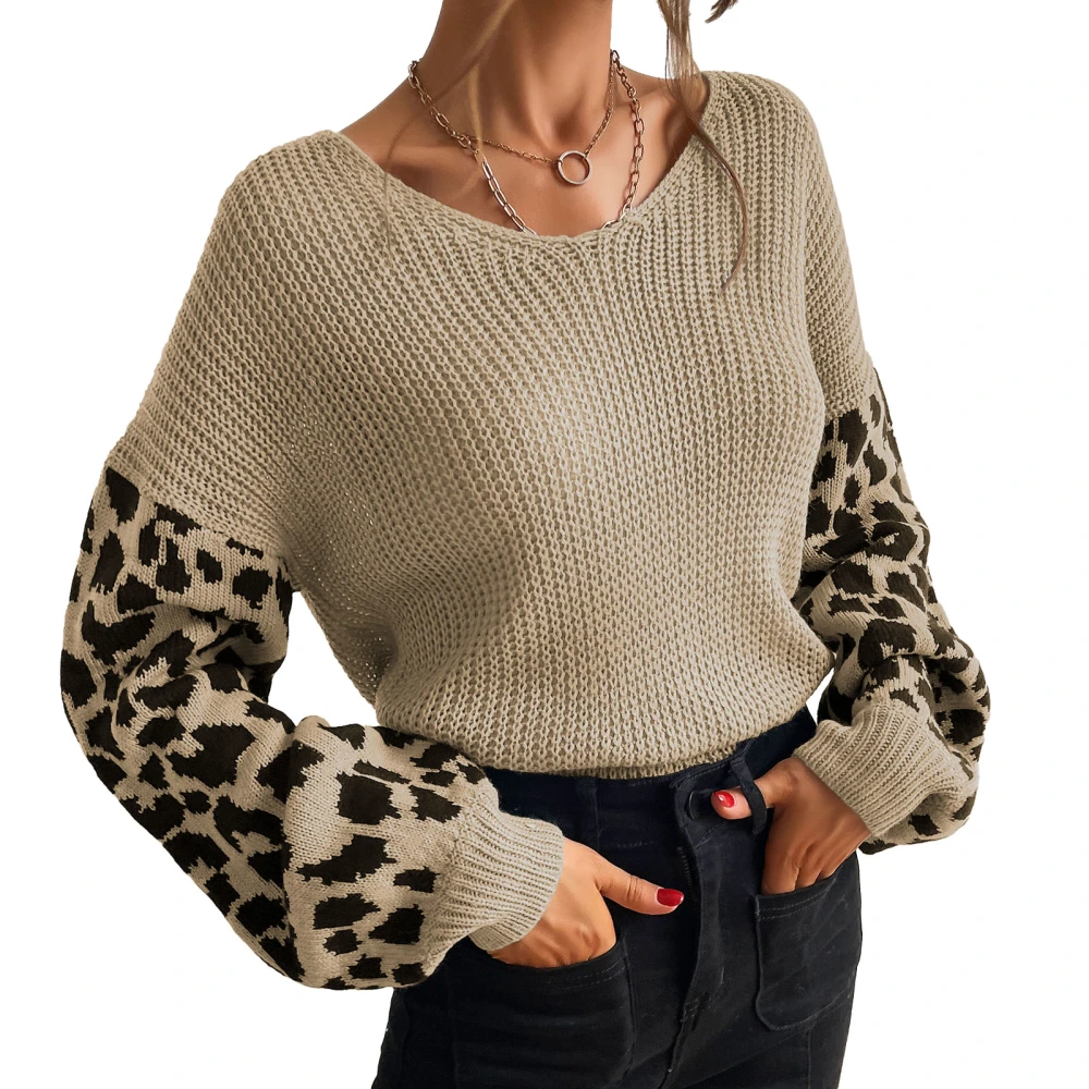 Womens Leopard Sleeve Sweater V Neck Loose Casual Pullover Knit Top Leopard Stitching Lantern Long Sleeve Sweater Apricot L