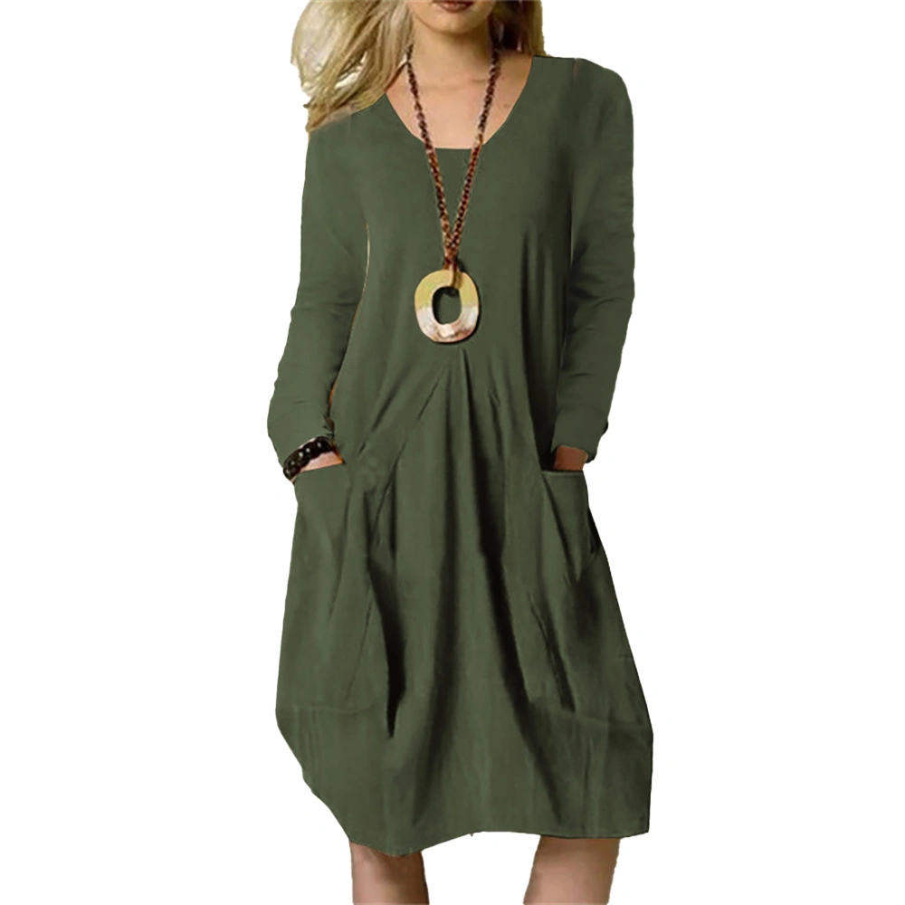 Women Dress Front Pleated Long Sleeve Crewneck Pure Color Casual Loose Dress with Pockets for Spring Autumn Green XXL