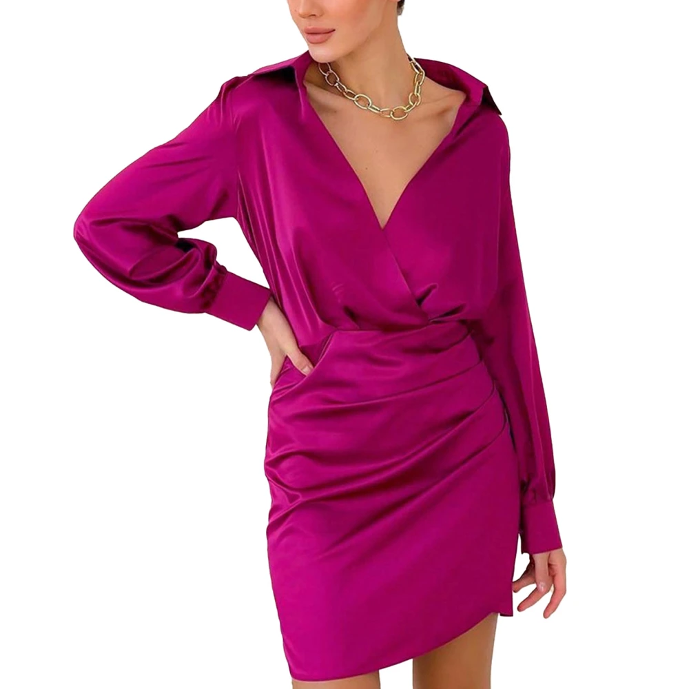 Satin Wrap V Neck Dress Pure Color Fashionable Turn Down Collar Ruched Long Sleeve Dress for Dating Rose Red M