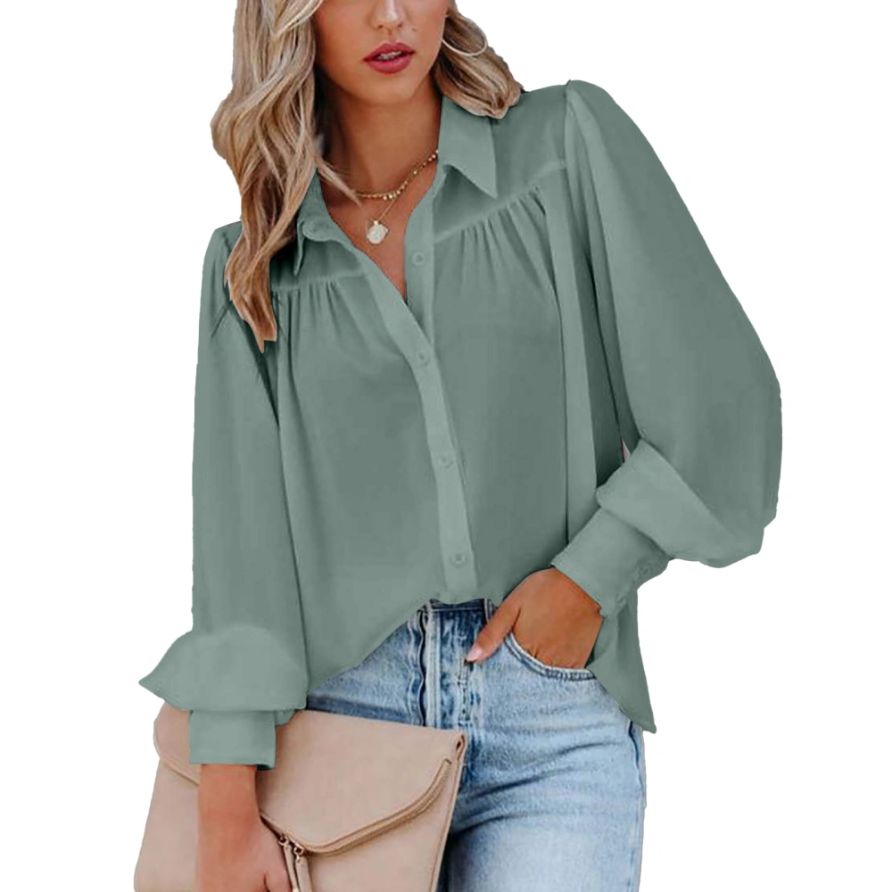 Women Bussiness Blouse V Neck Pure Color Turn Down Collar Lantern Long Sleeves Loose Fit Blouse Green L