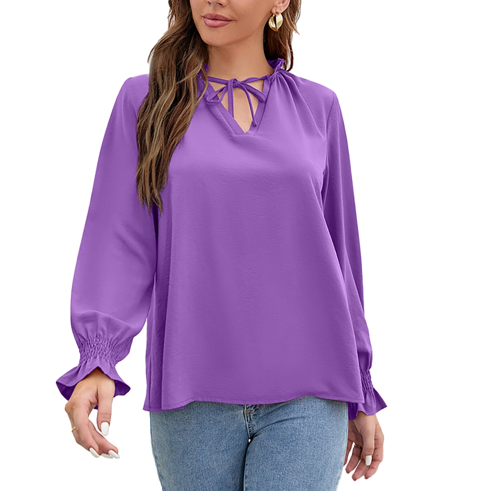 Blouse V Neck Long Sleeve Ruffled Cuffs Bow Drawstring Flounce Stand Collar Casual Tops for Women Purple M