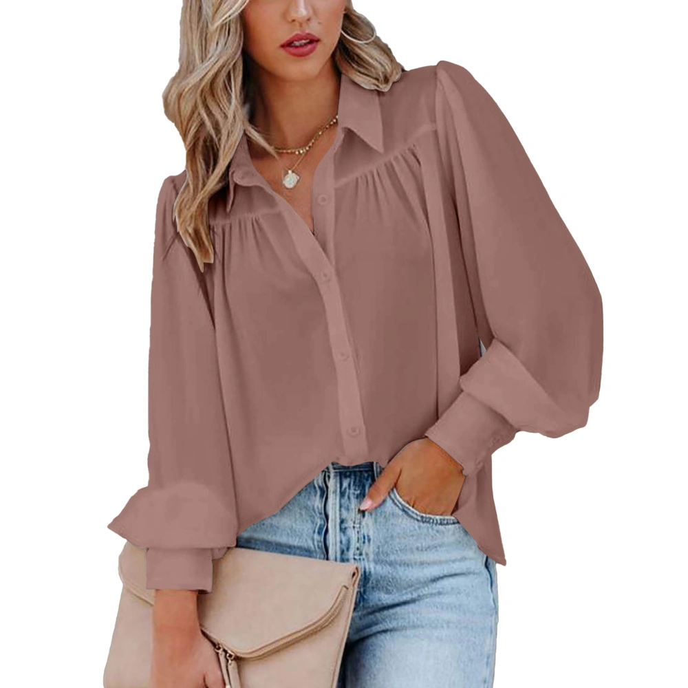 Women Bussiness Blouse V Neck Pure Color Turn Down Collar Lantern Long Sleeves Loose Fit Blouse Pink M