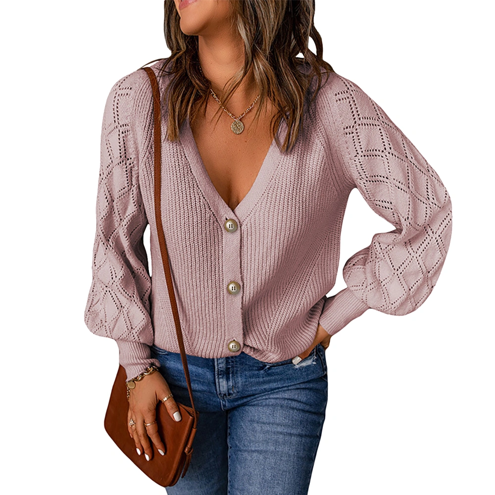 Button Down Cardigan Sweater for Woman Deep V Neck Long Sleeves Pure Color Knit Cardigan Sweater Casual Knitted Sweater Coat Pink XL