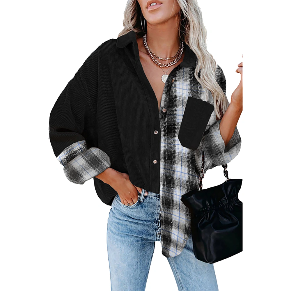 Plaid Blouse Drop Shoulder Long Sleeve Pocket Lapel Button Casual Shirts for Women Black M