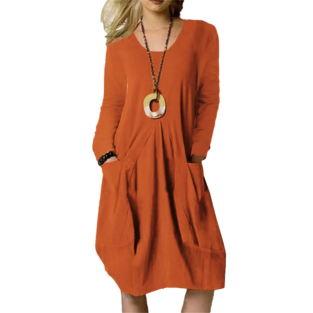 Women Dress Front Pleated Long Sleeve Crewneck Pure Color Casual Loose Dress with Pockets for Spring Autumn Orange Red M