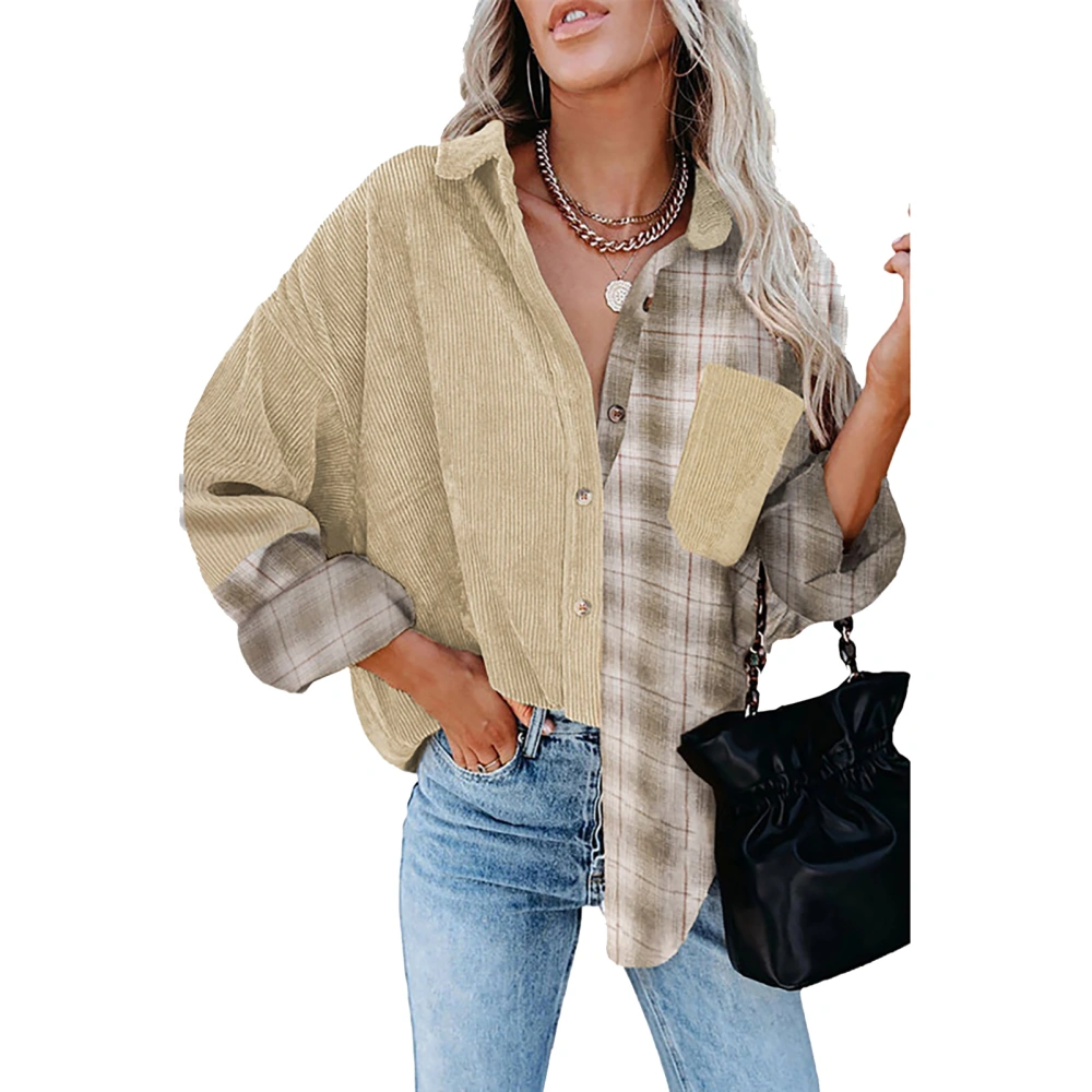 Plaid Blouse Drop Shoulder Long Sleeve Pocket Lapel Button Casual Shirts for Women Beige XL