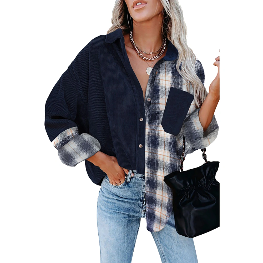 Plaid Blouse Drop Shoulder Long Sleeve Pocket Lapel Button Casual Shirts for Women Dark Blue XL