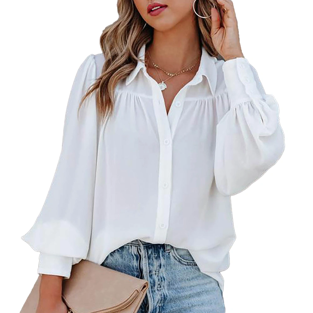 Women Bussiness Blouse V Neck Pure Color Turn Down Collar Lantern Long Sleeves Loose Fit Blouse White S