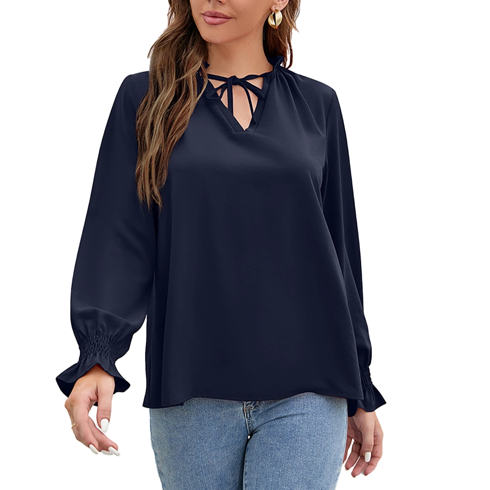 Blouse V Neck Long Sleeve Ruffled Cuffs Bow Drawstring Flounce Stand Collar Casual Tops for Women Royalblue S