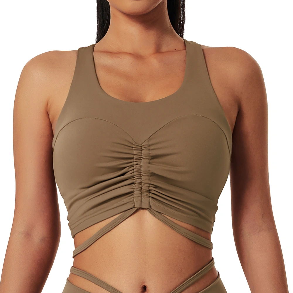 Women Sports Bra Polyamide Polyurethane Fiber Sleeveless U Neck I Shaped Back for Yoga Fitness Brown XL