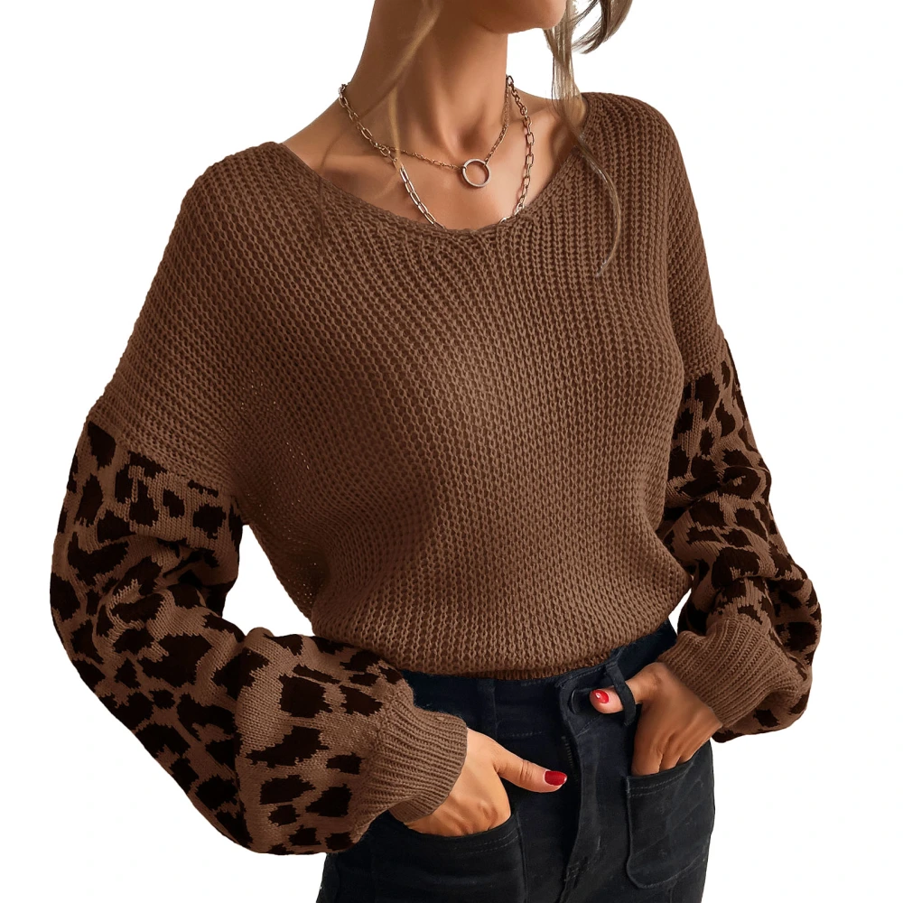 Womens Leopard Sleeve Sweater V Neck Loose Casual Pullover Knit Top Leopard Stitching Lantern Long Sleeve Sweater Coffee L