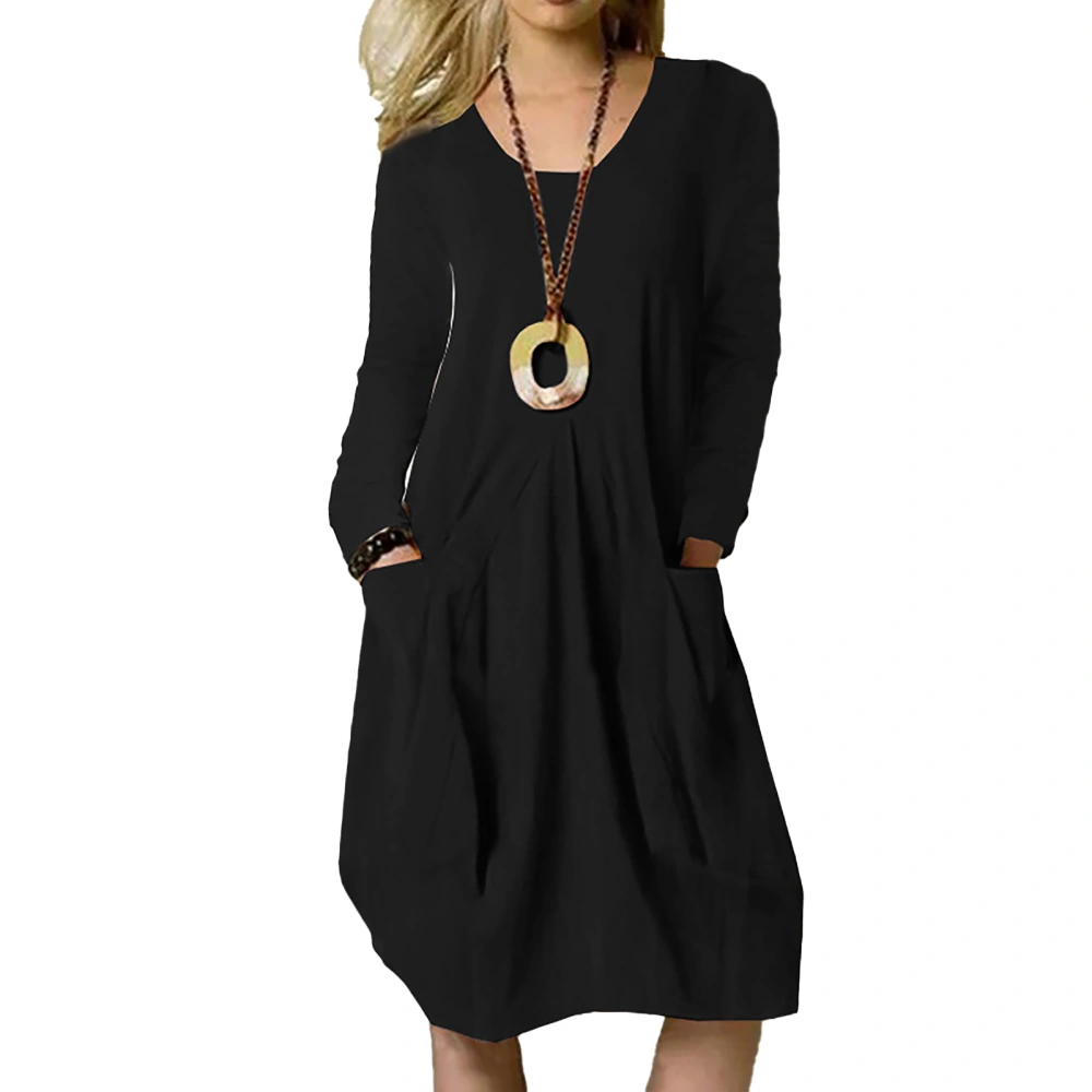 Women Dress Front Pleated Long Sleeve Crewneck Pure Color Casual Loose Dress with Pockets for Spring Autumn Black S