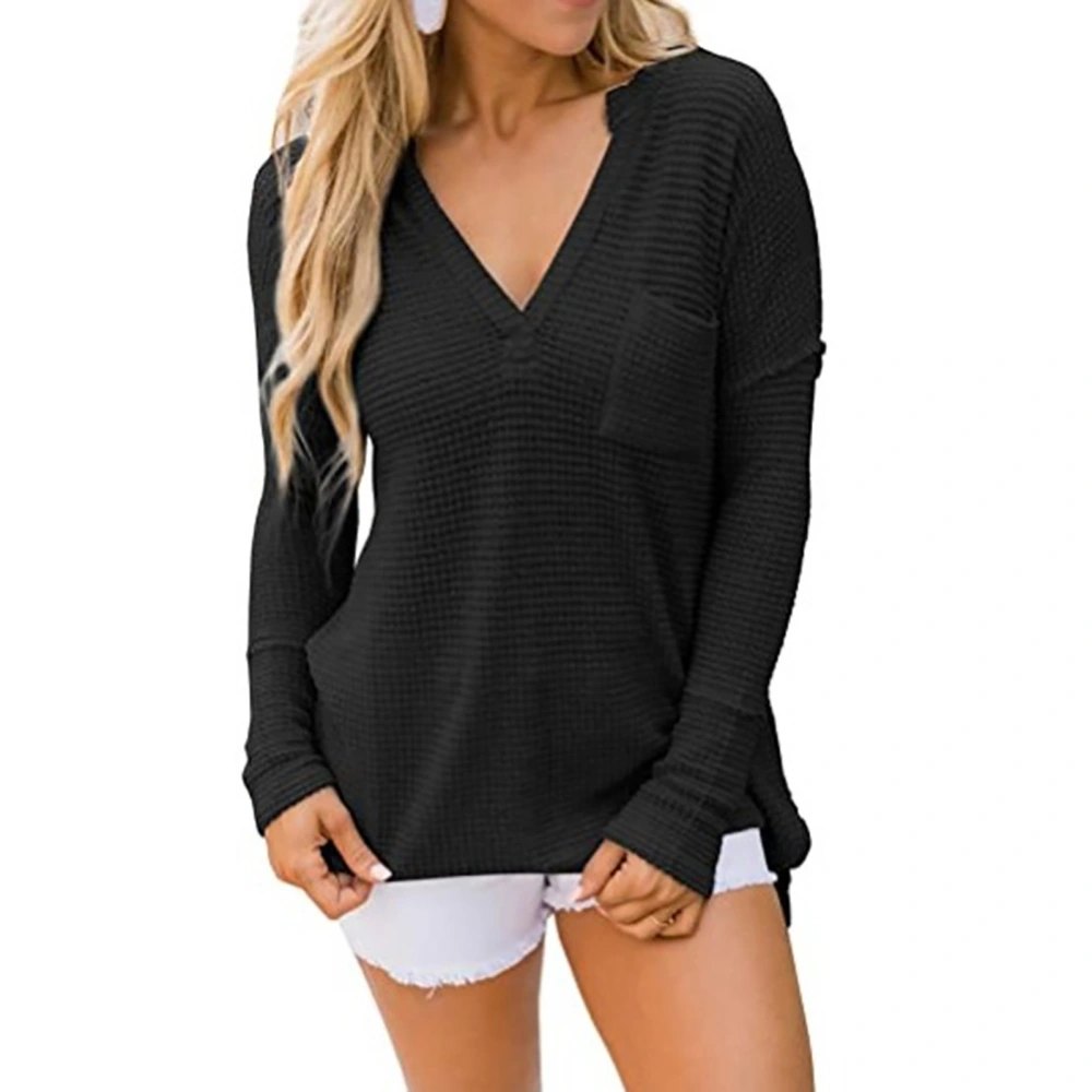 Autumn Women Tops Simple Casual V Neck Long Sleeve Shirts Slit Large Size Loose Top with Chest Pocket Black M