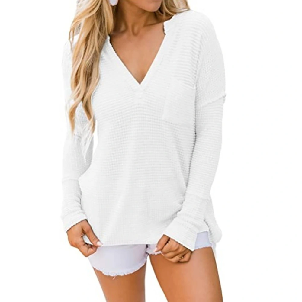 Autumn Women Tops Simple Casual V Neck Long Sleeve Shirts Slit Large Size Loose Top with Chest Pocket White XL