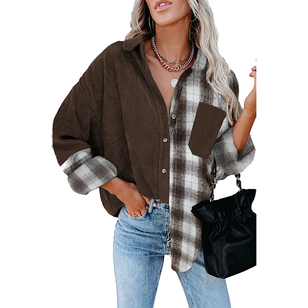 Plaid Blouse Drop Shoulder Long Sleeve Pocket Lapel Button Casual Shirts for Women Dark Brown XL