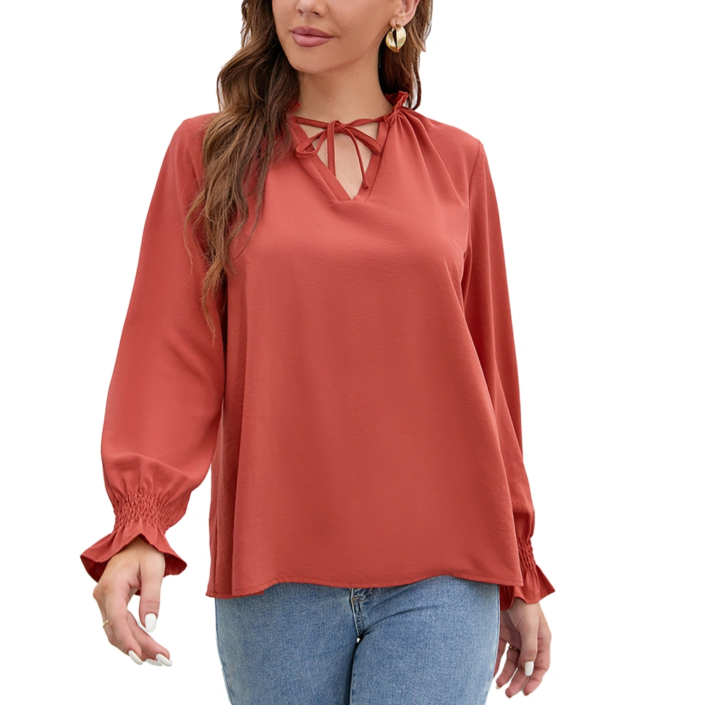 Blouse V Neck Long Sleeve Ruffled Cuffs Bow Drawstring Flounce Stand Collar Casual Tops for Women Orange S