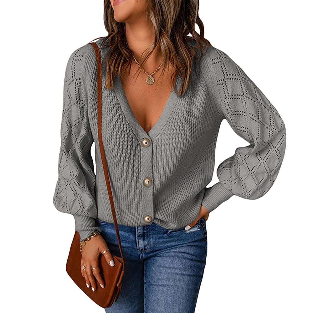 Button Down Cardigan Sweater for Woman Deep V Neck Long Sleeves Pure Color Knit Cardigan Sweater Casual Knitted Sweater Coat Grey L