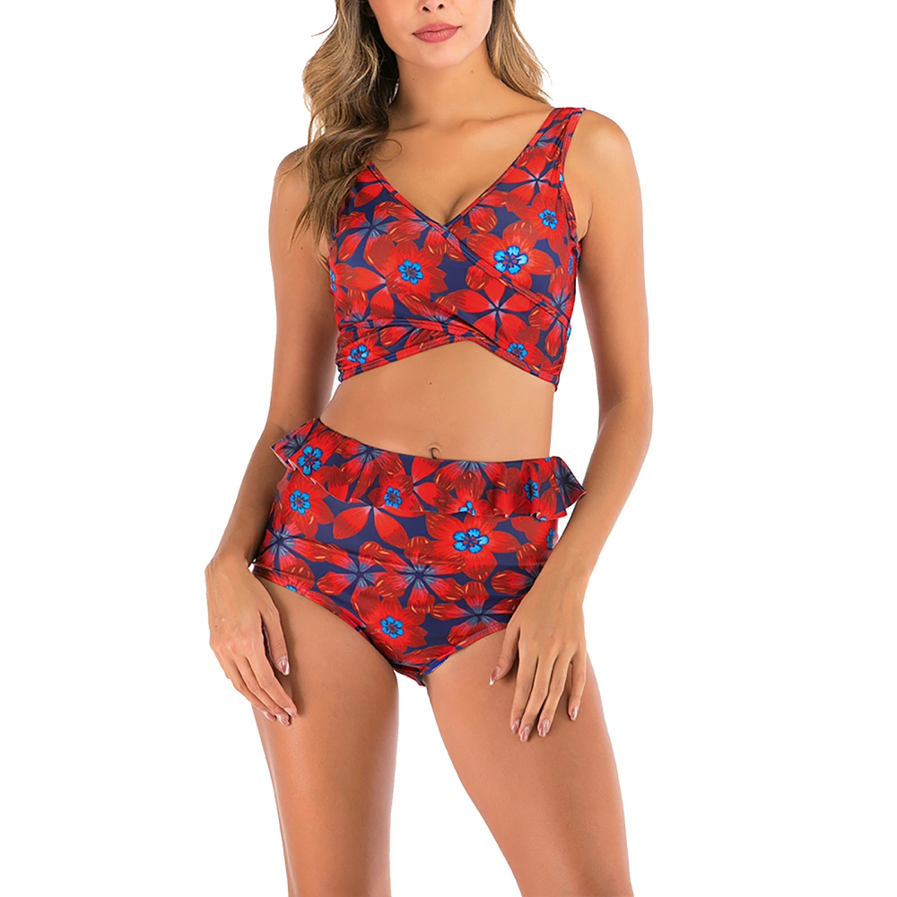 Women Swimsuit Rimless High Waisted Layered Ruffle Back Strappy Breathable Split Bathing Suits for Water Activities Red XL