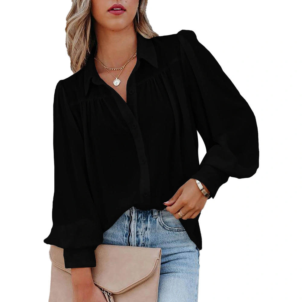 Women Bussiness Blouse V Neck Pure Color Turn Down Collar Lantern Long Sleeves Loose Fit Blouse Black L