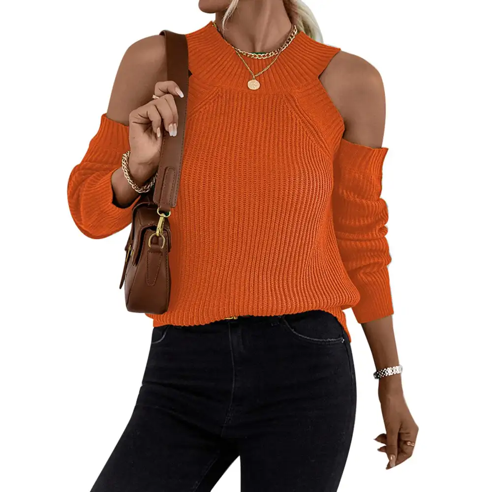 Long Sleeve Pullover Sweater Off Shoulder Round Neck Loose Knitted Top for Autumn and Winter Orange S