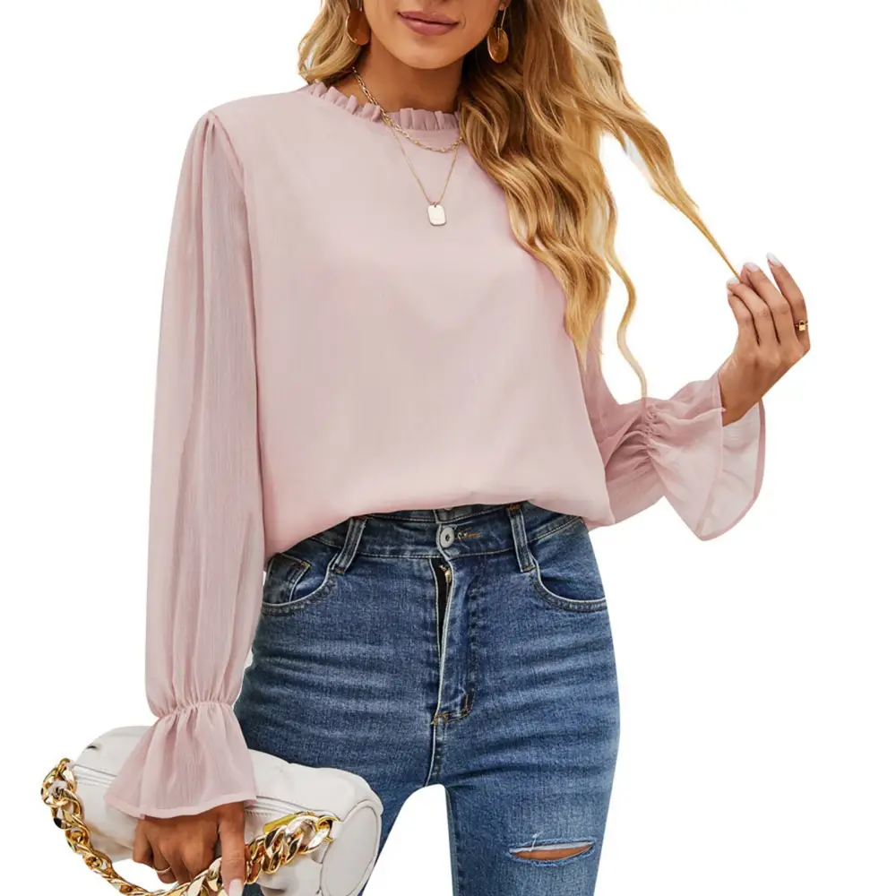 Women Blouse Double Layer Round Neck Long Sleeve Soft Polyester Fiber Comfortable Breathable Women Tops for Daily Work Pink XL