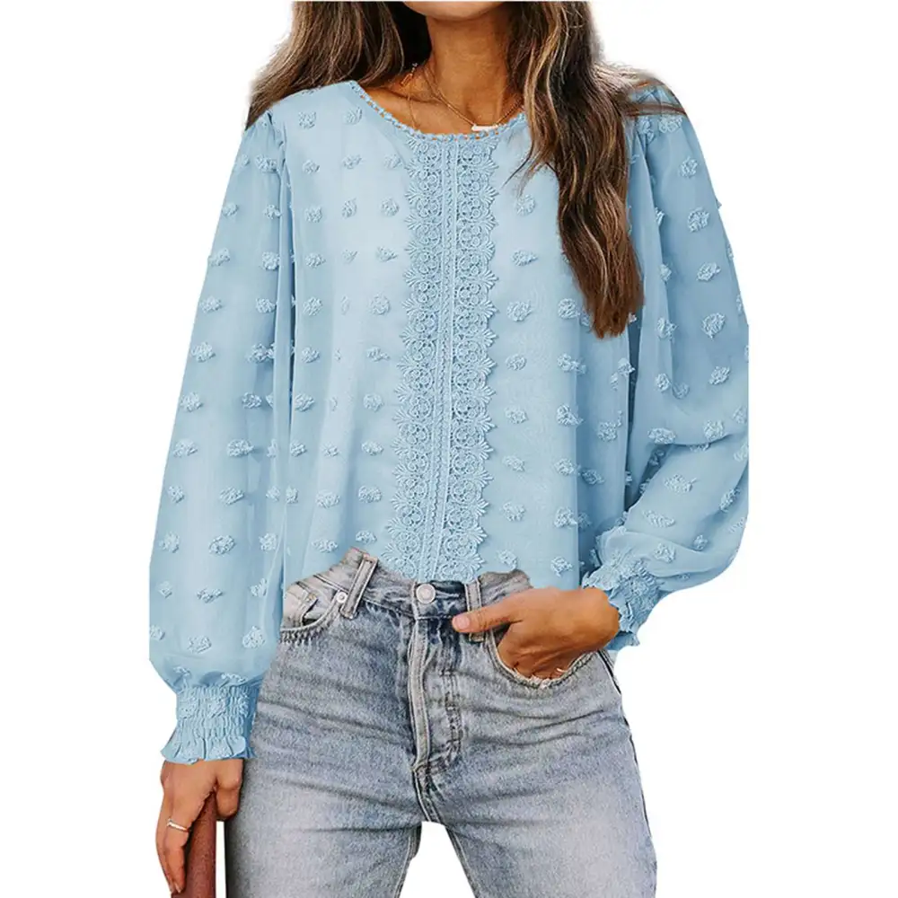 Swiss Dot Long Sleeve Top Soft Breathable Round Neck Pom Pom Lace Blouses for Women Girls Sky Blue XXL