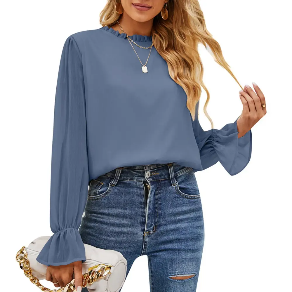 Women Blouse Double Layer Round Neck Long Sleeve Soft Polyester Fiber Comfortable Breathable Women Tops for Daily Work Dark Blue M