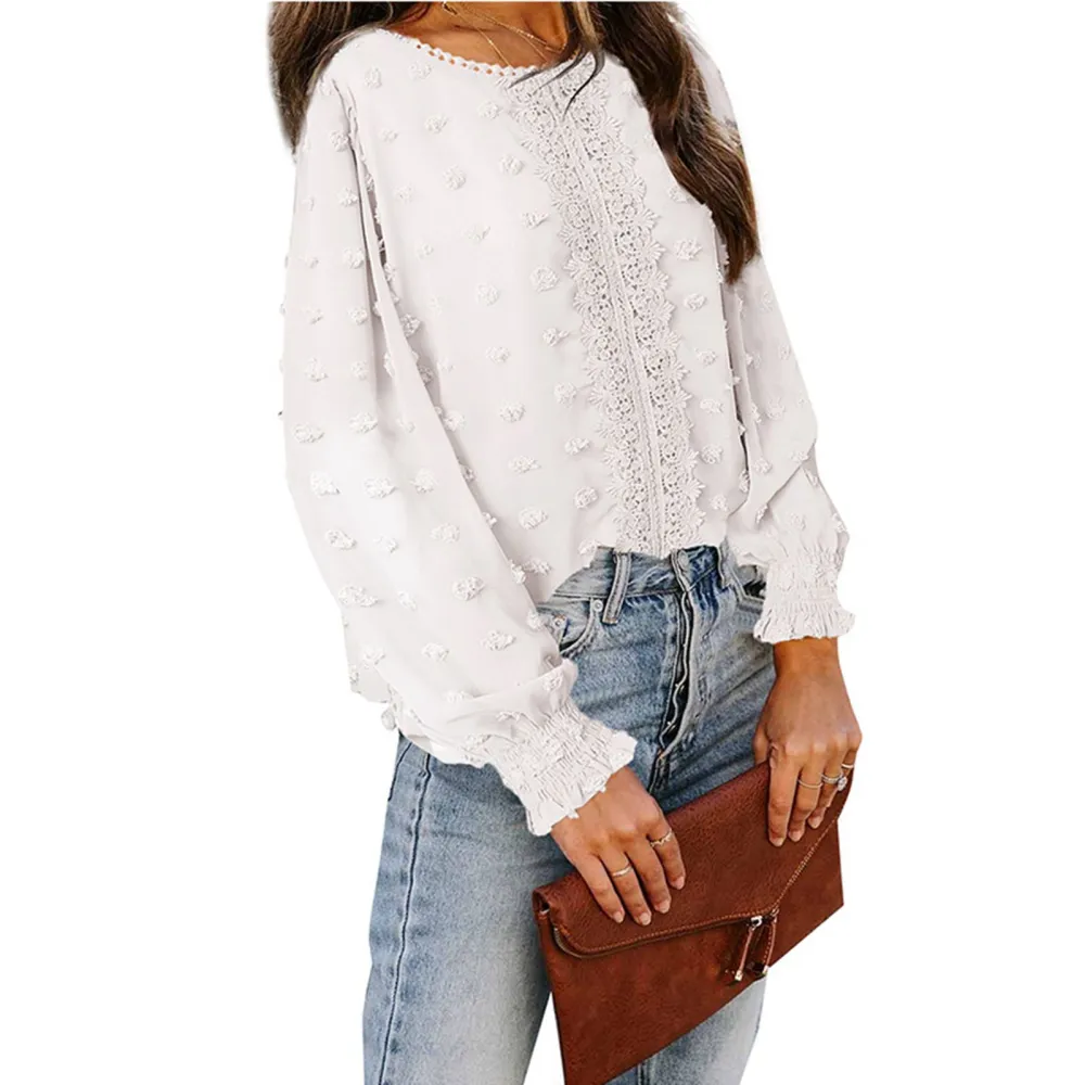 Swiss Dot Long Sleeve Top Soft Breathable Round Neck Pom Pom Lace Blouses for Women Girls White L