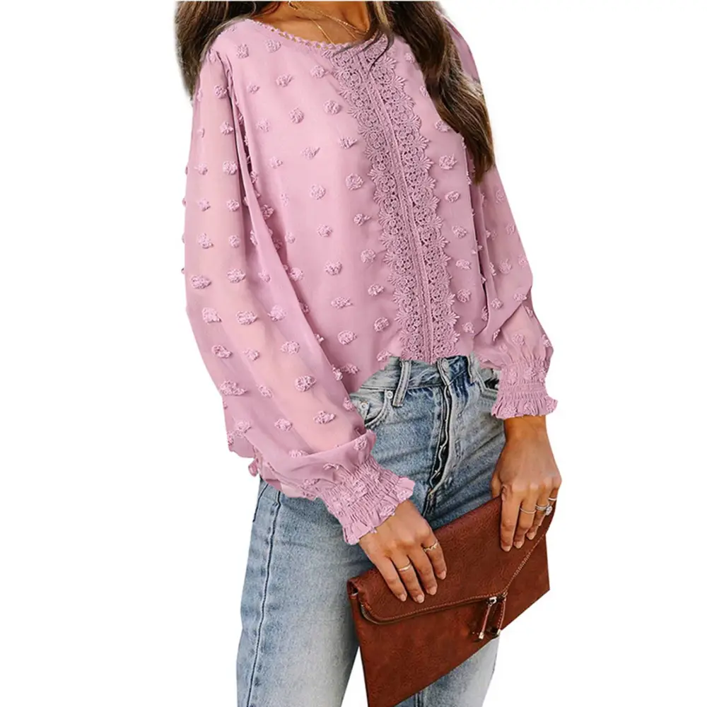 Swiss Dot Long Sleeve Top Soft Breathable Round Neck Pom Pom Lace Blouses for Women Girls Pink L