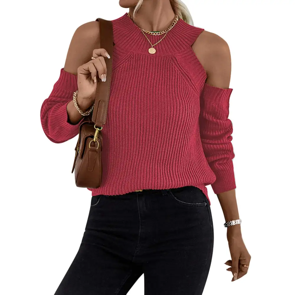 Long Sleeve Pullover Sweater Off Shoulder Round Neck Loose Knitted Top for Autumn and Winter Rose Red S